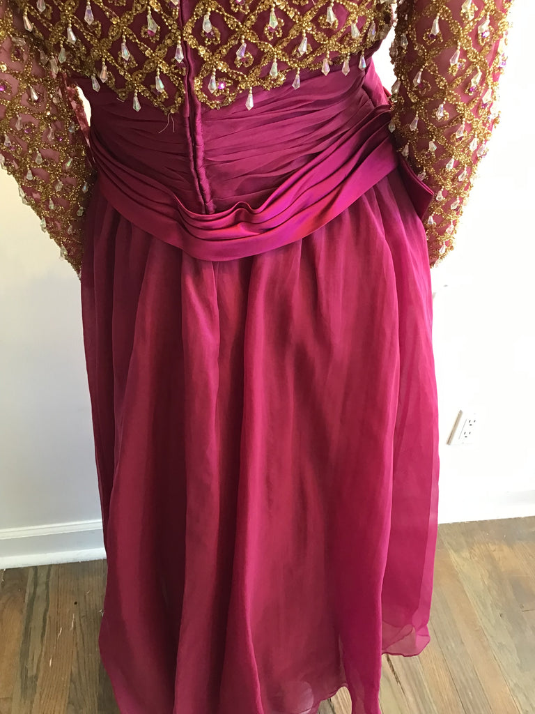 1980’s Cranberry Crepe Beaded Victoria Ltd of Hong Kong Evening Dress Size 8