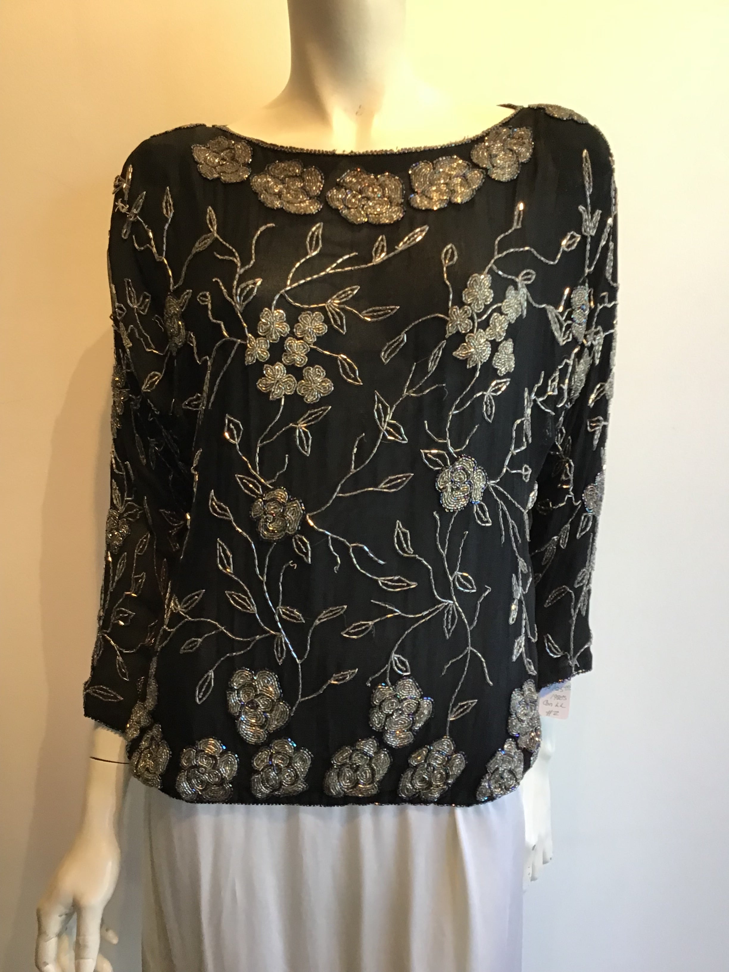 1980’s Black and Silver Polyester Creative Creations Top Size 8