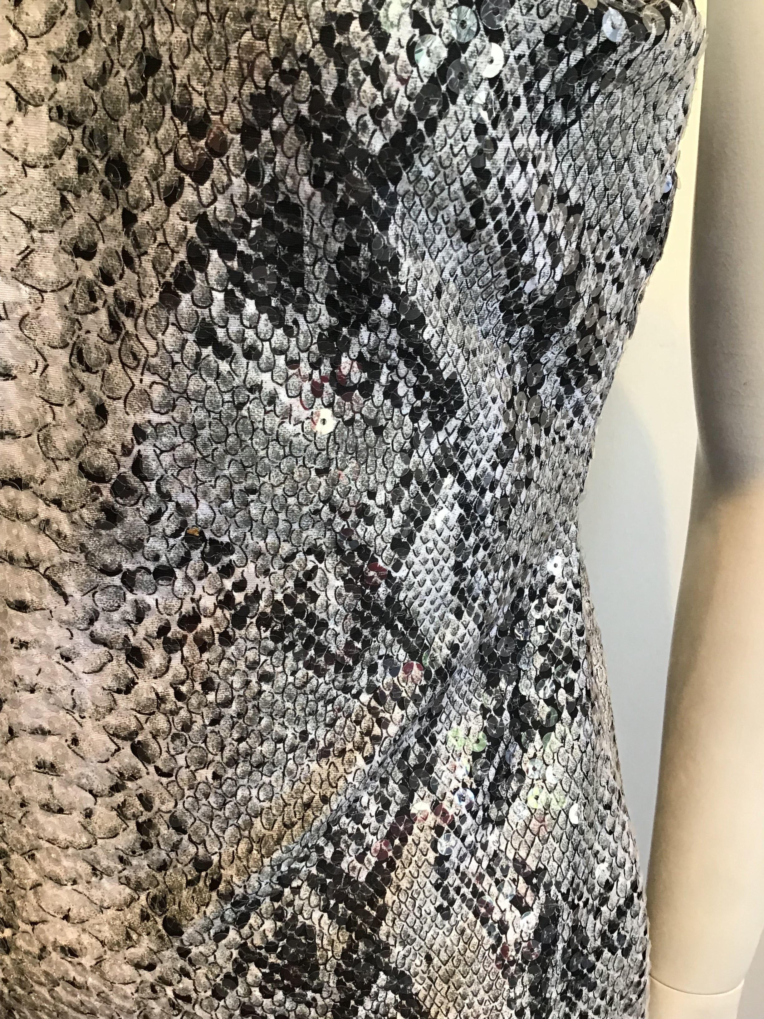 Late 1980s Eva Chun Sequined Python Print Dress Size 8