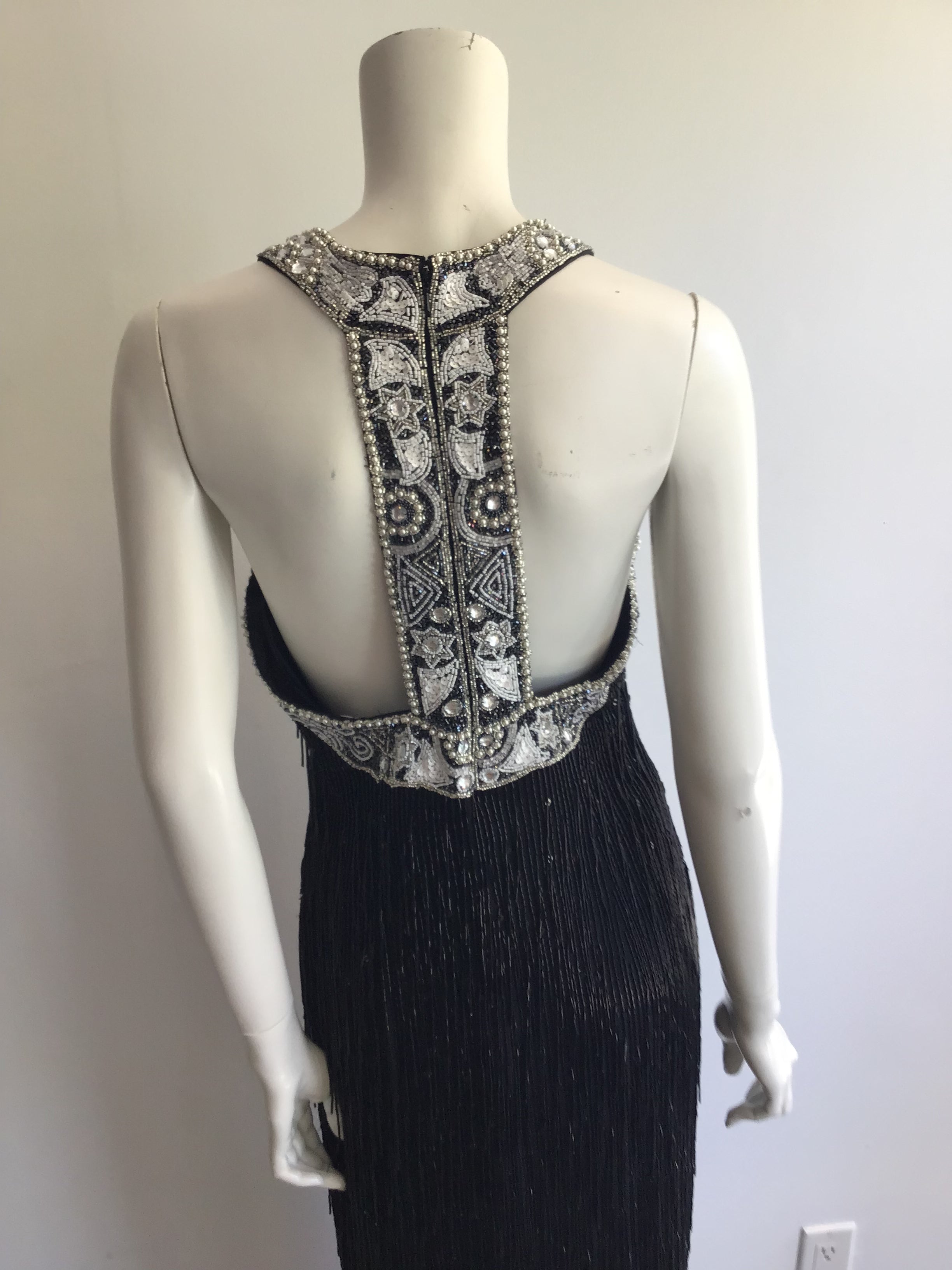 1980's Black Beaded Fringe Evening Dress Size 8