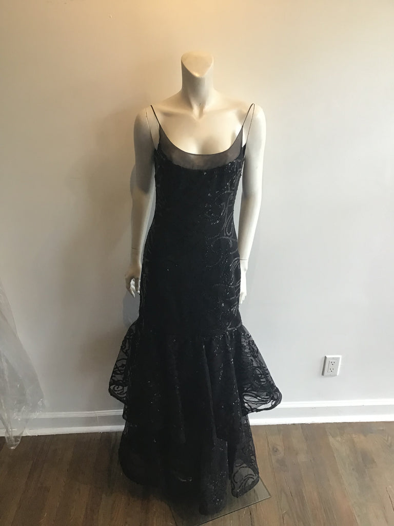 1990 Scaasi Black Sequined Tiered Evening Dress size 6/8 unworn with tags