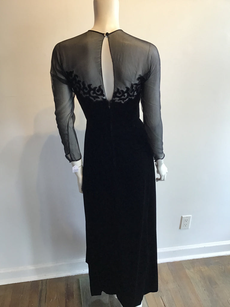 1980s Black Silk and Chiffon Oscar de La Renta Evening Gown Size 6