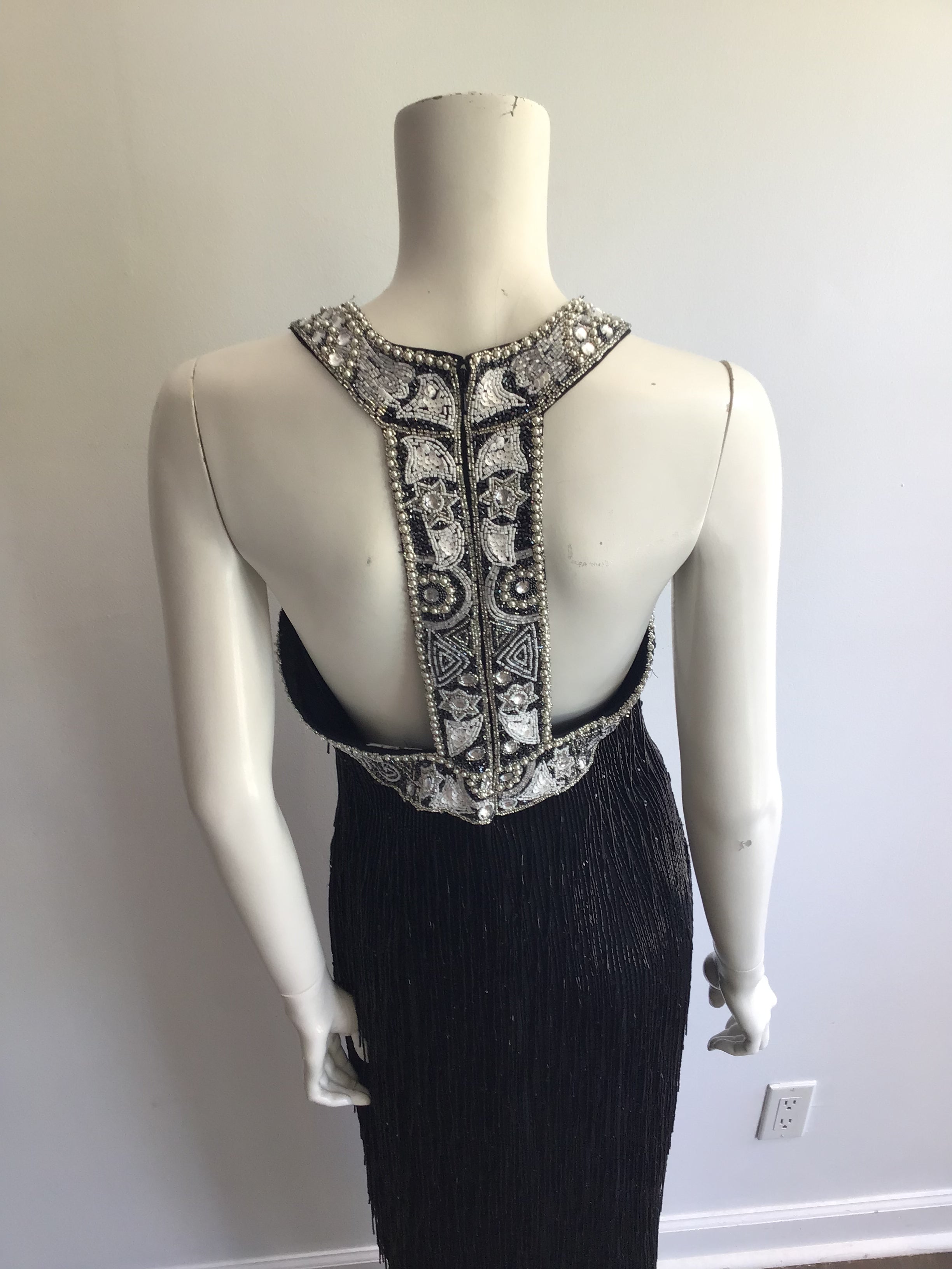1980's Black Beaded Fringe Evening Dress Size 8