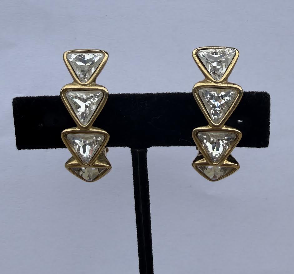 Vintage 80's YSL Gold Clip On Clear Crystal Triangle Earrings