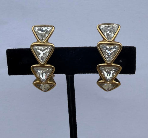 Vintage 80's YSL Gold Clip On Clear Crystal Triangle Earrings