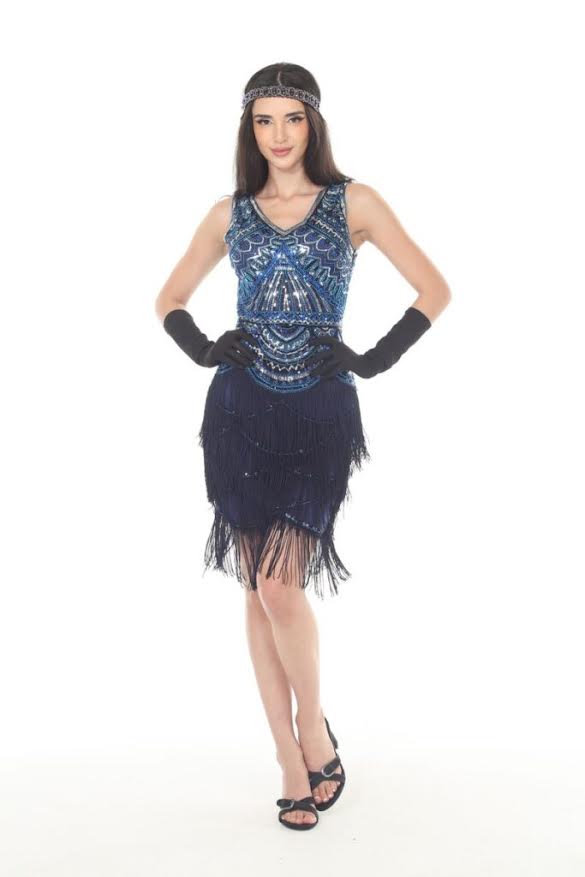 Blue Sequin/Beaded Flapper Dress with Fringe