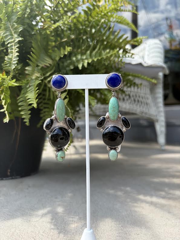 Sterling ,Lapis ,Turquoise and Onyx Navajo Earrings