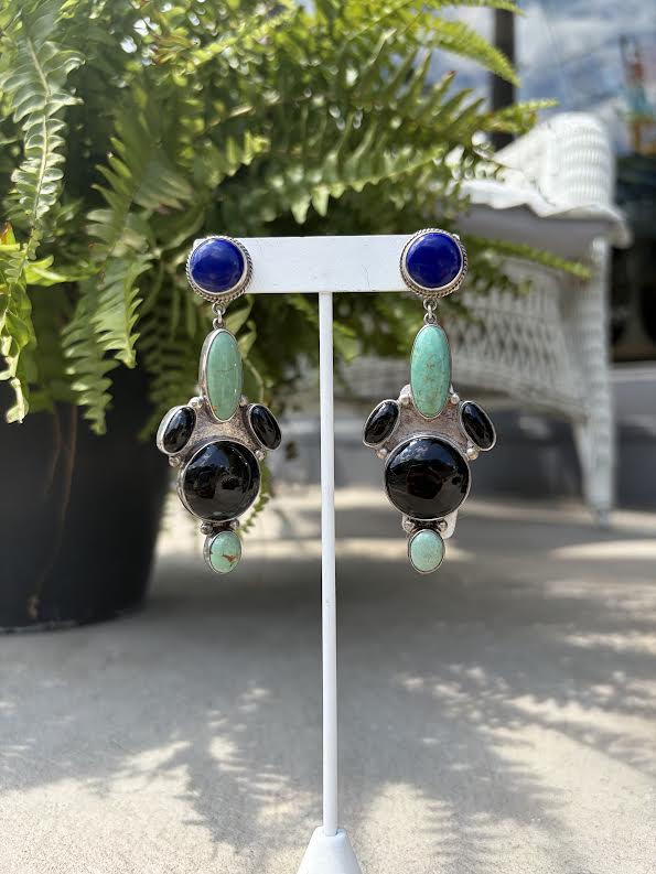 Sterling ,Lapis ,Turquoise and Onyx Navajo Earrings