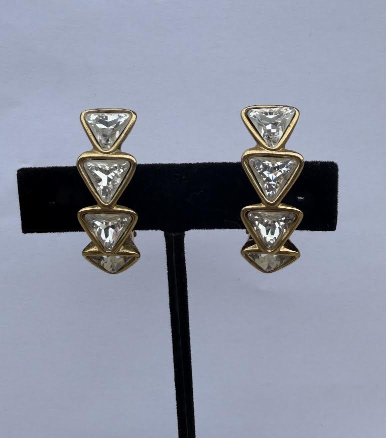 Vintage 80's YSL Gold Clip On Clear Crystal Triangle Earrings