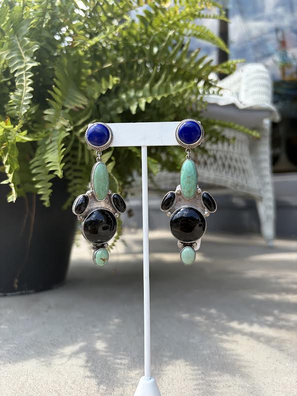 Sterling ,Lapis ,Turquoise and Onyx Navajo Earrings