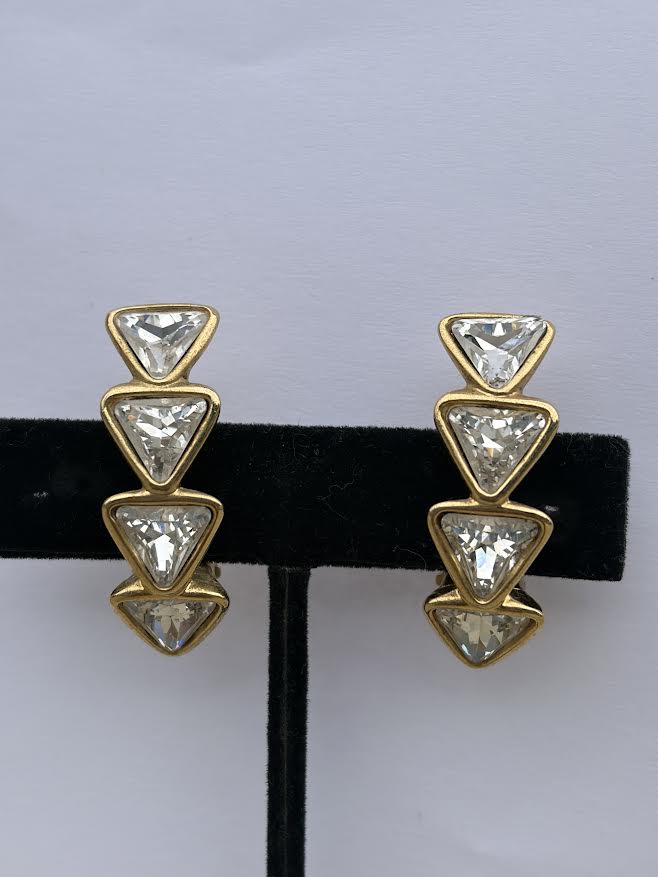 Vintage 80's YSL Gold Clip On Clear Crystal Triangle Earrings