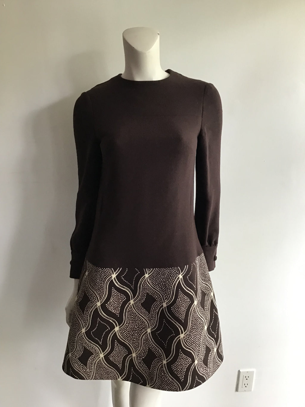 1960s Wool/Wool Crepe Brown Printed Dress with Jacket and Scarf Size 8