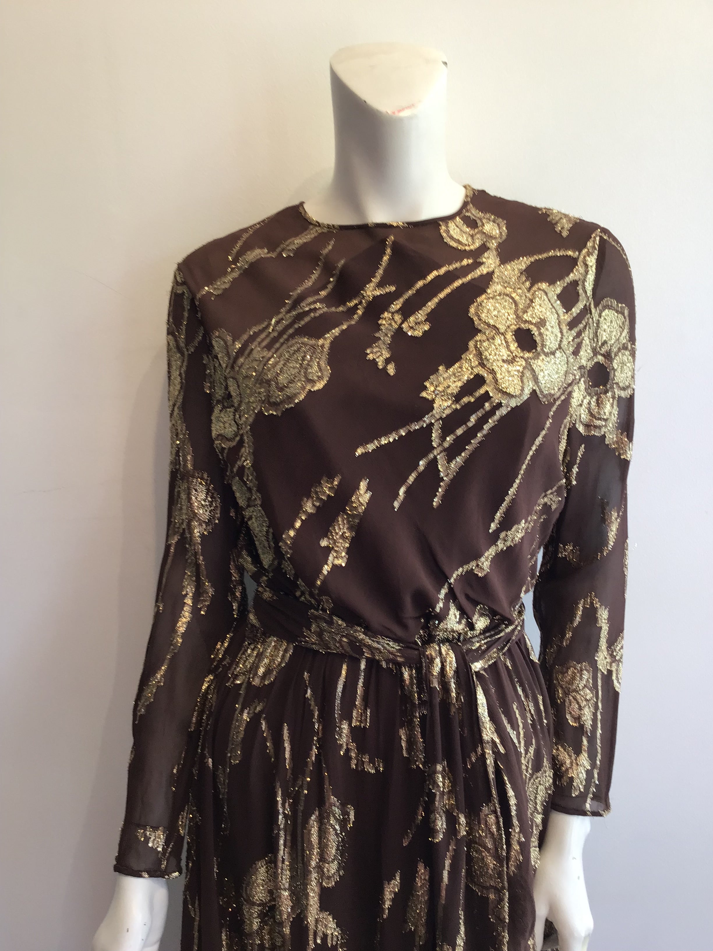 1970’s Brown and Gold Silk Blend Evening Gown Size 8