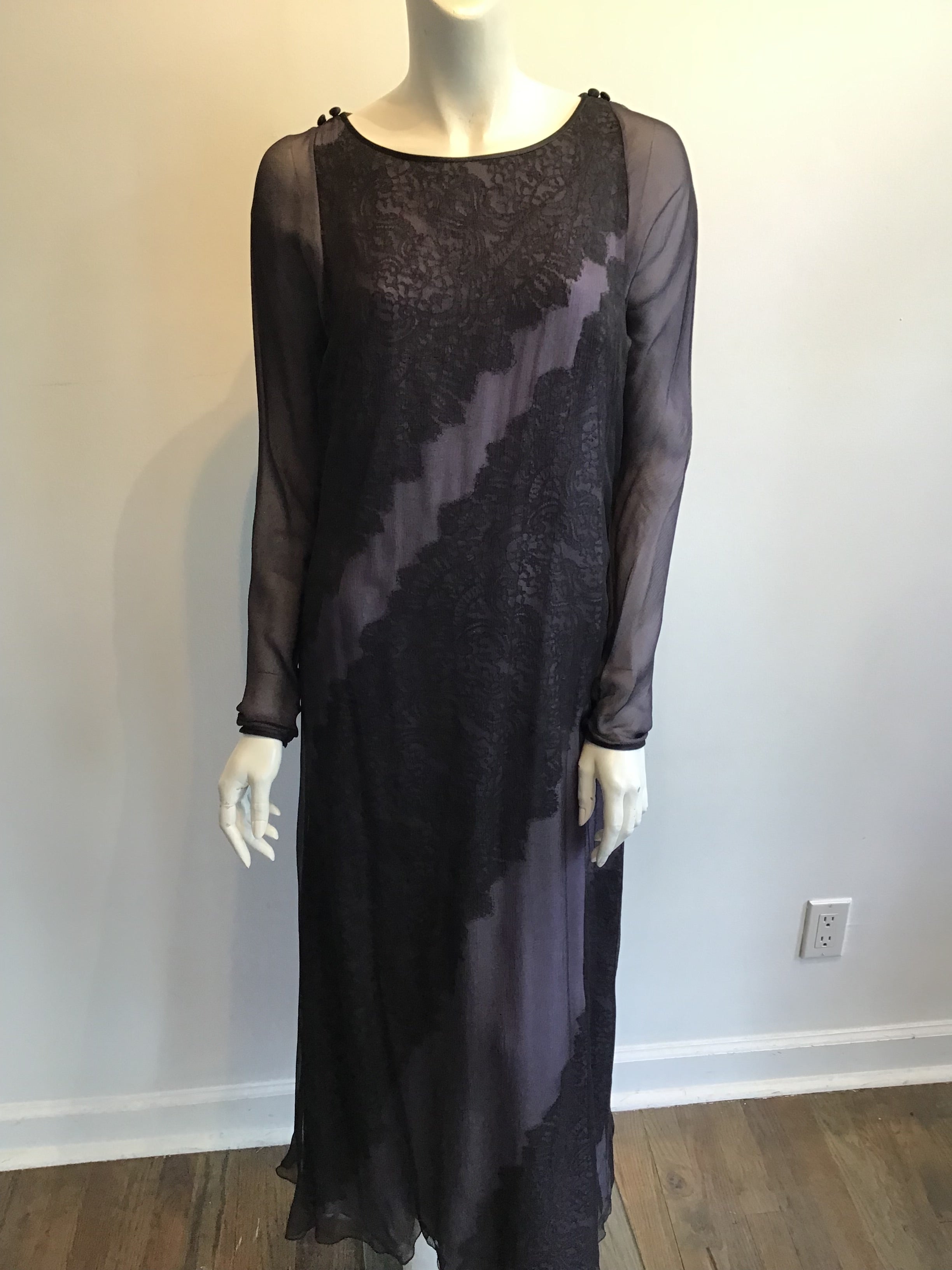 1990's  Bob Mackie Black and Lavender Silk Chiffon Dress with lace Size 10