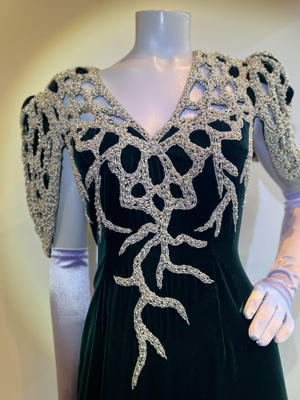 1980’s Forest Green Silk Velvet and Silver Beads Gown attributed to Bob Mackie Gown Size 8