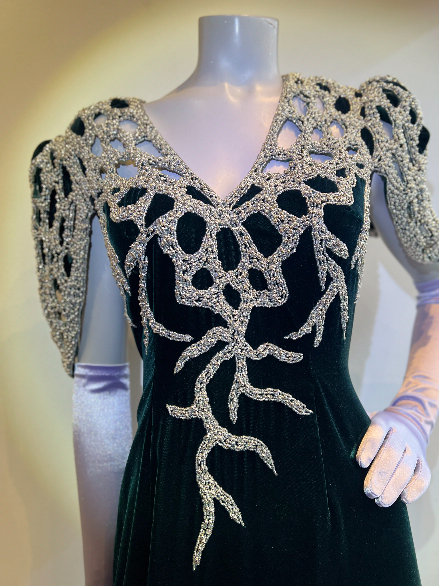 1980’s Forest Green Silk Velvet and Silver Beads Gown attributed to Bob Mackie Gown Size 8