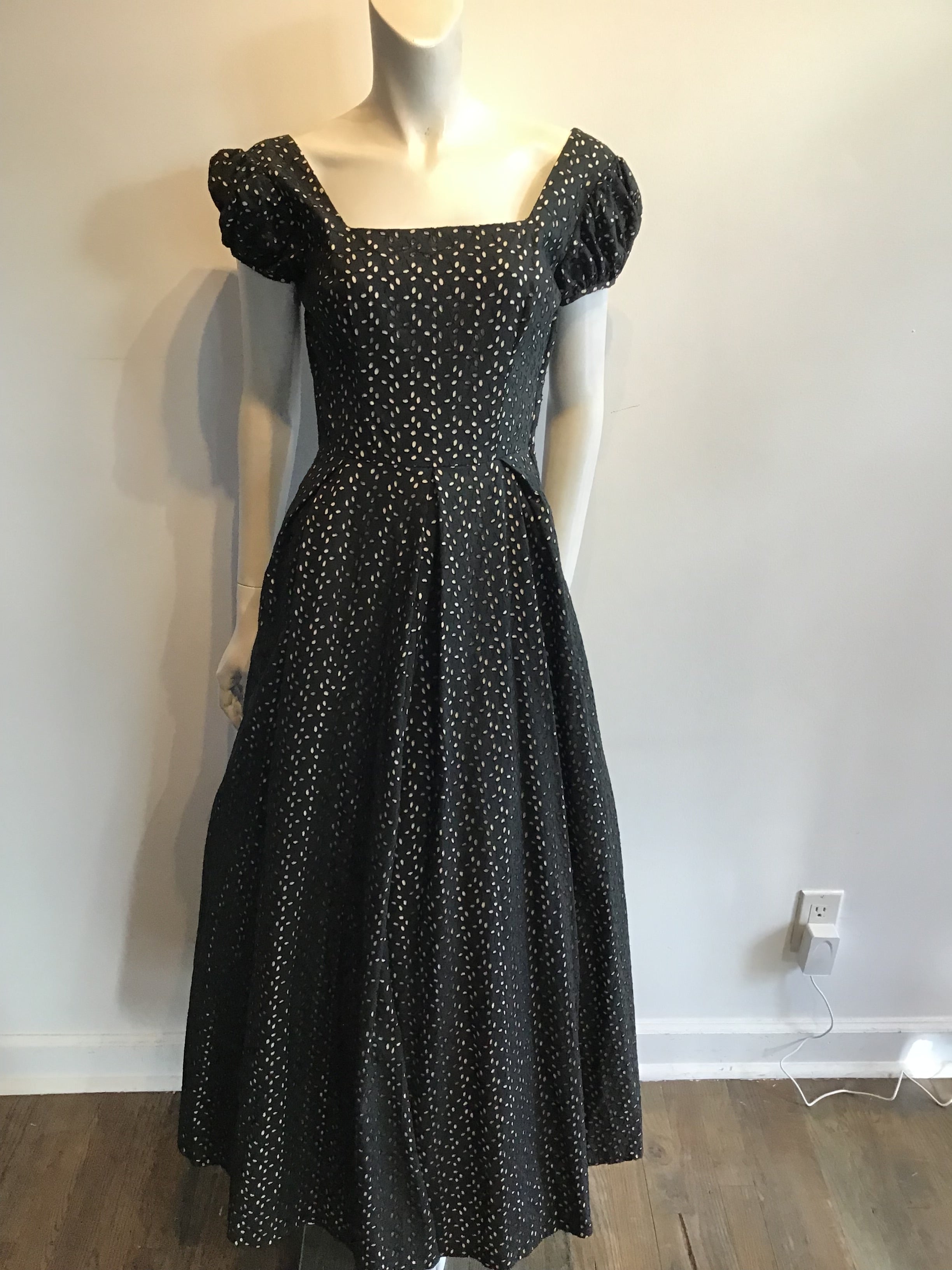 1930’s Black Cotton Eyelet Maxi Dress Size 6