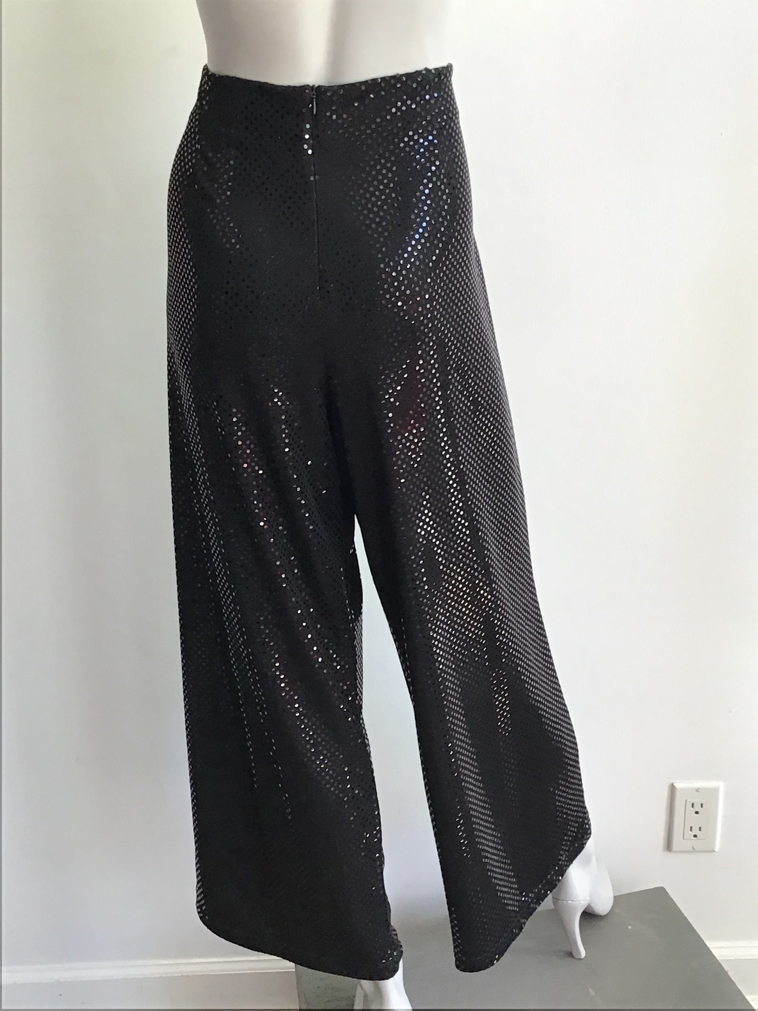 1990s Black Sequined Palazzo Pants by Deanna Cushing Palm Beach Size 14