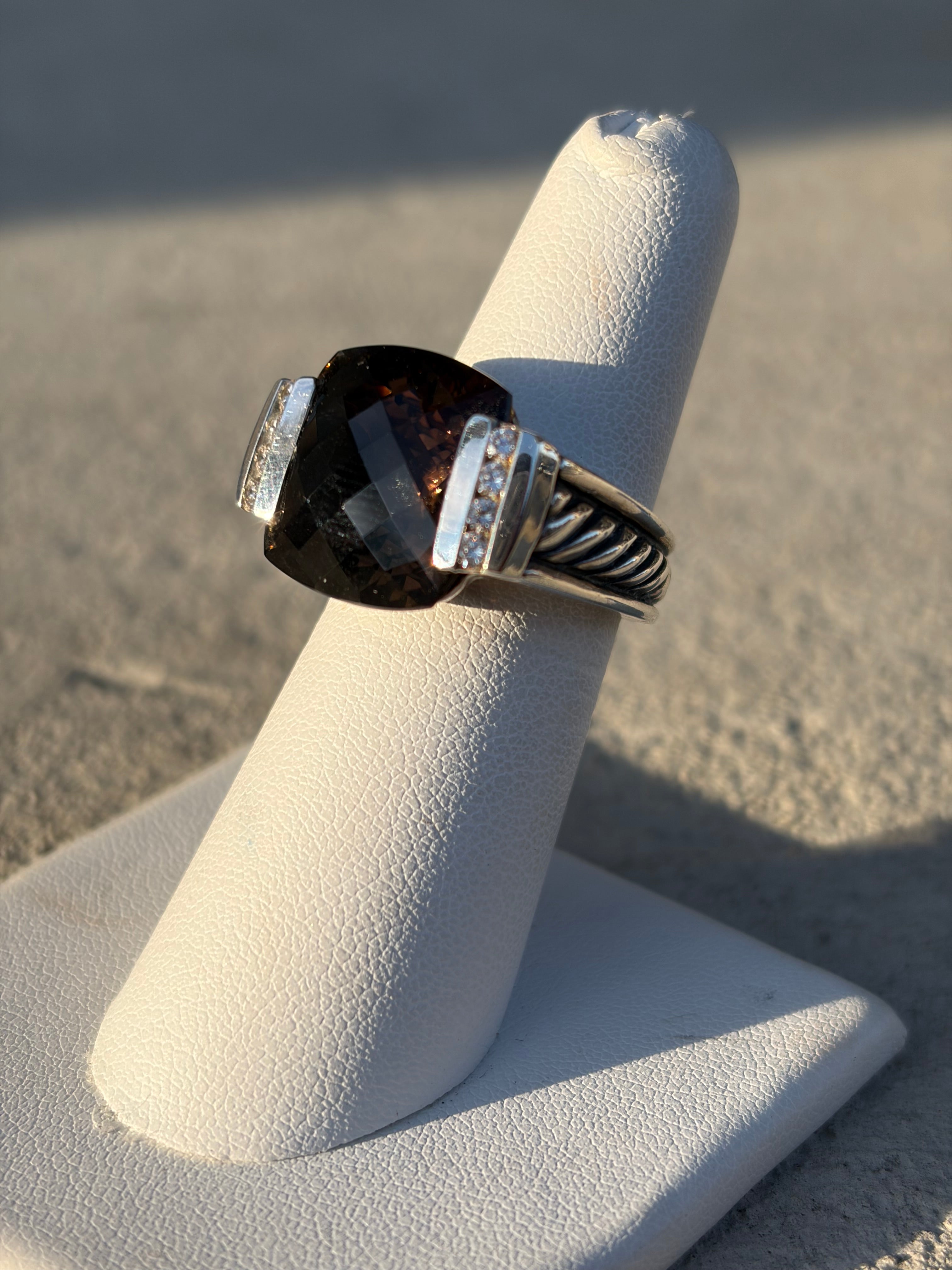 David Yurman Sterling Ring with Smokey Quartz & Diamonds
