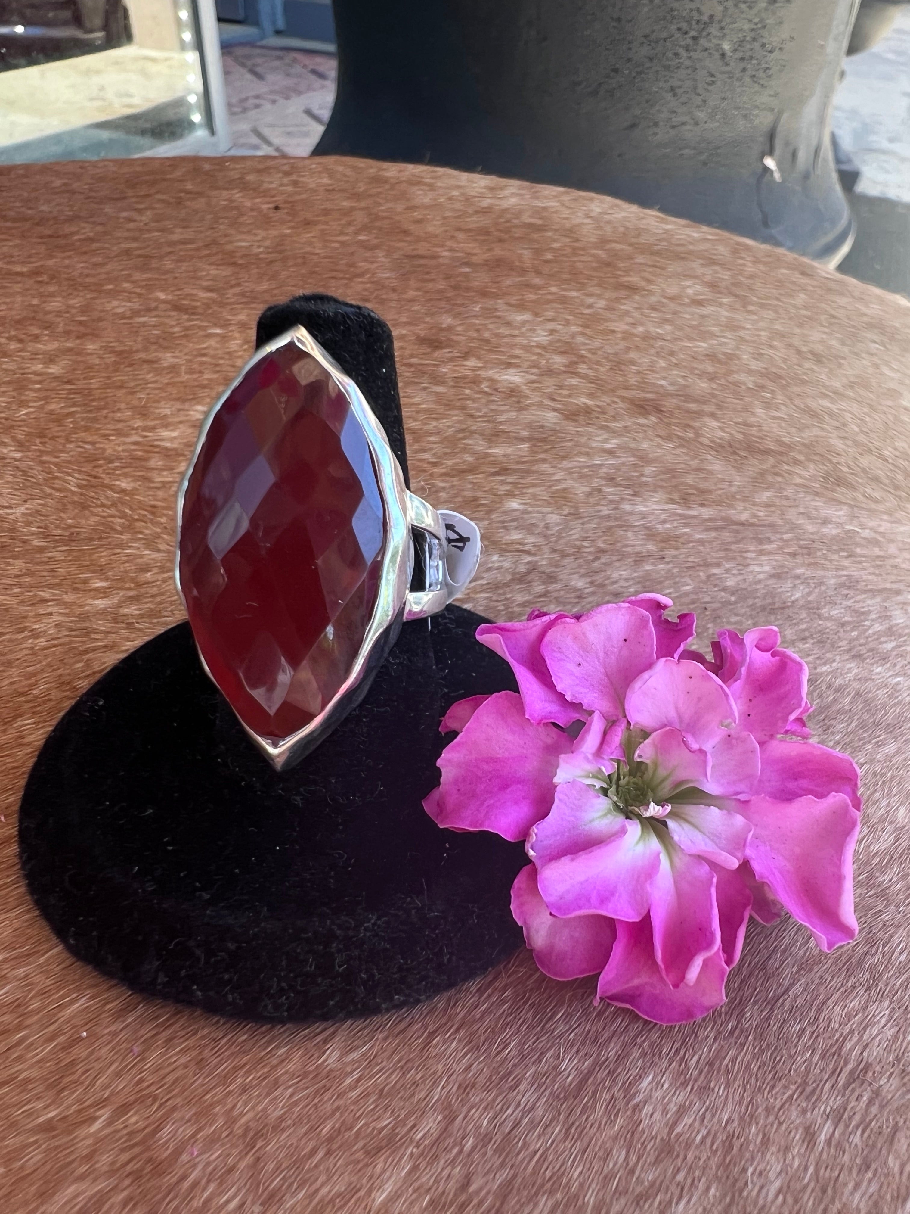 Sterling and Carnelian Faceted Marqui Ring