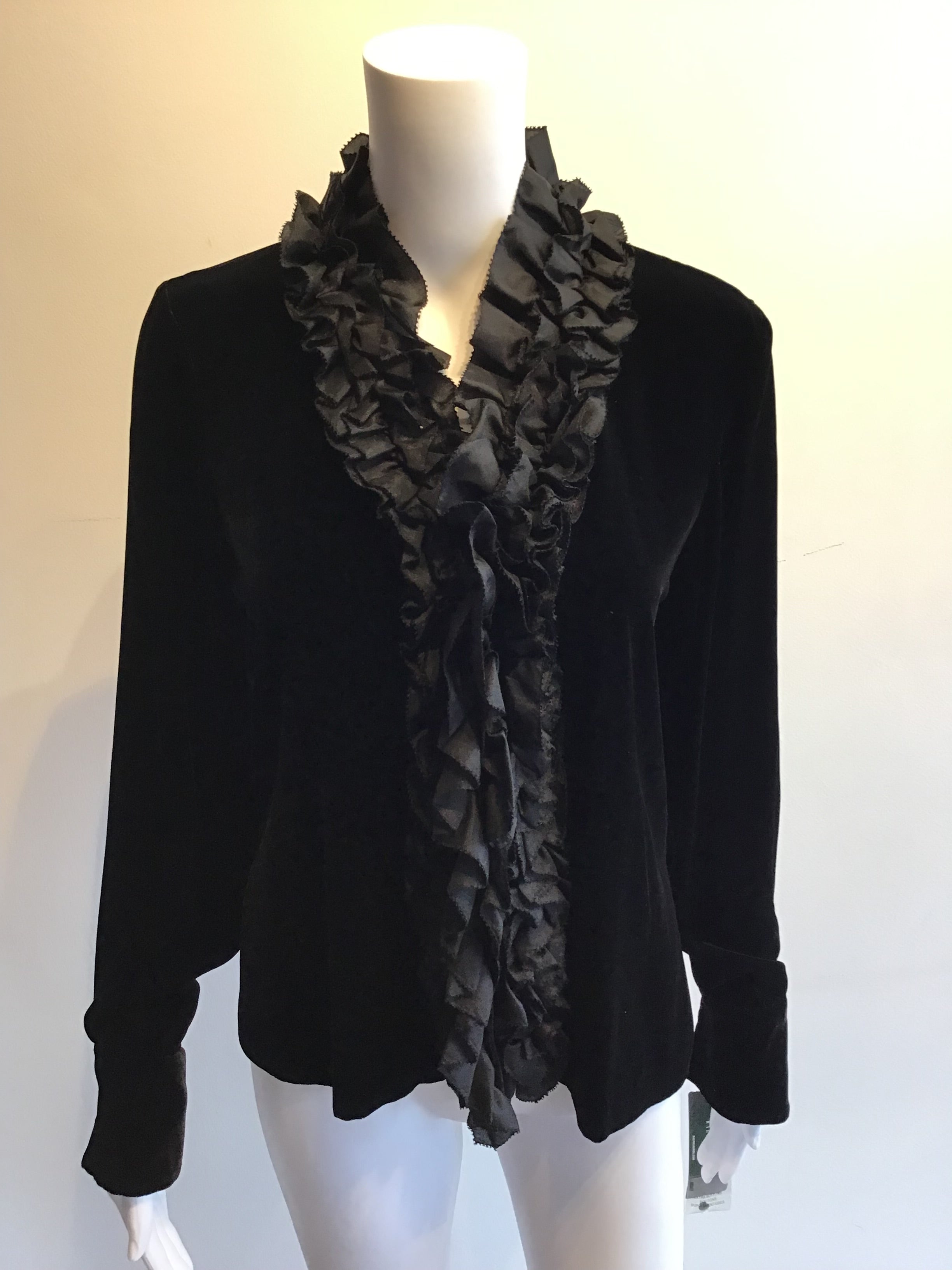 1990’s Ralph Lauren Black Velvet Jacket with Ruffled Lapel Size 6