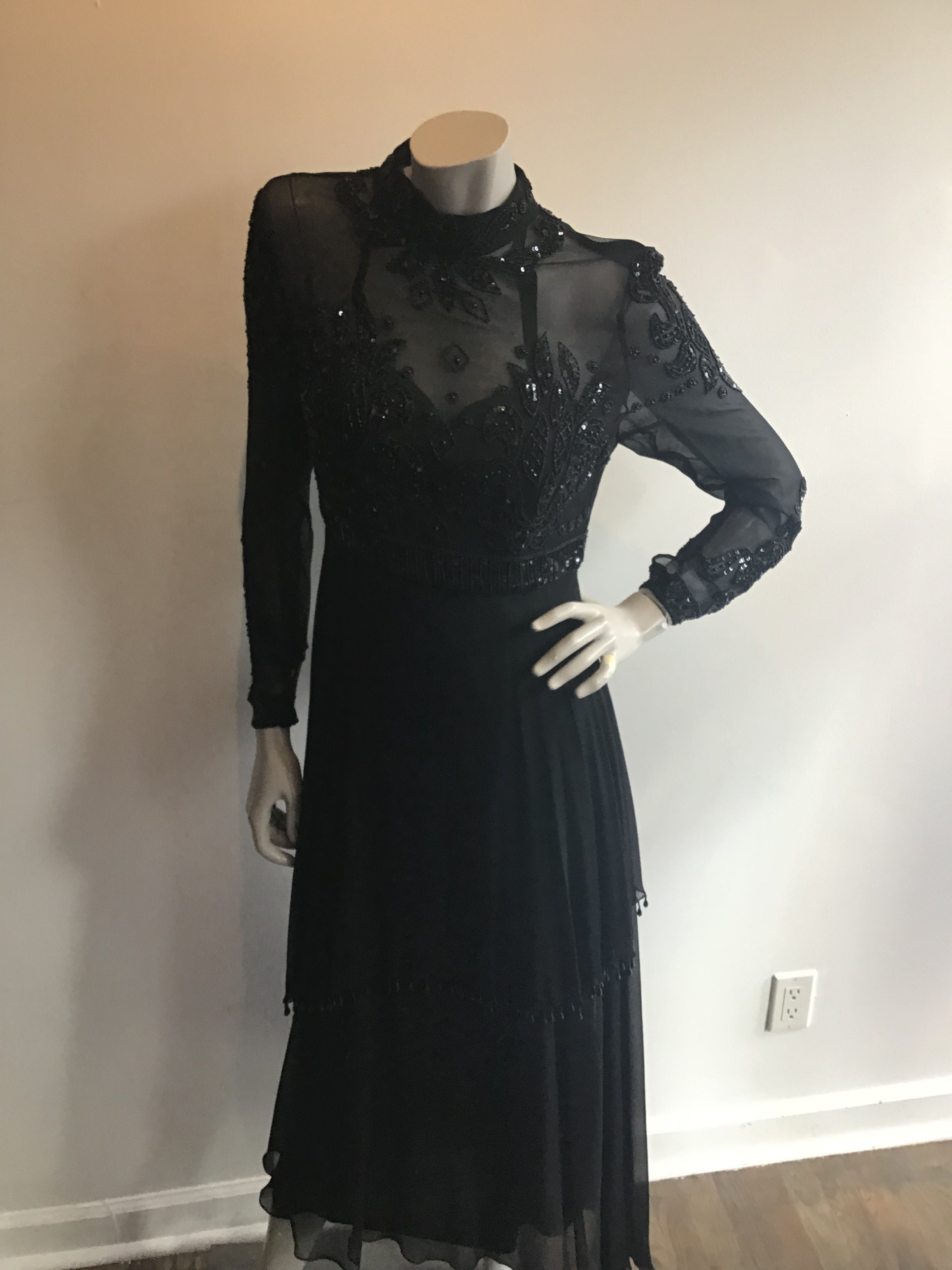 1970's Black Beaded and Sequninned Chiffon Tiered Evening Dress