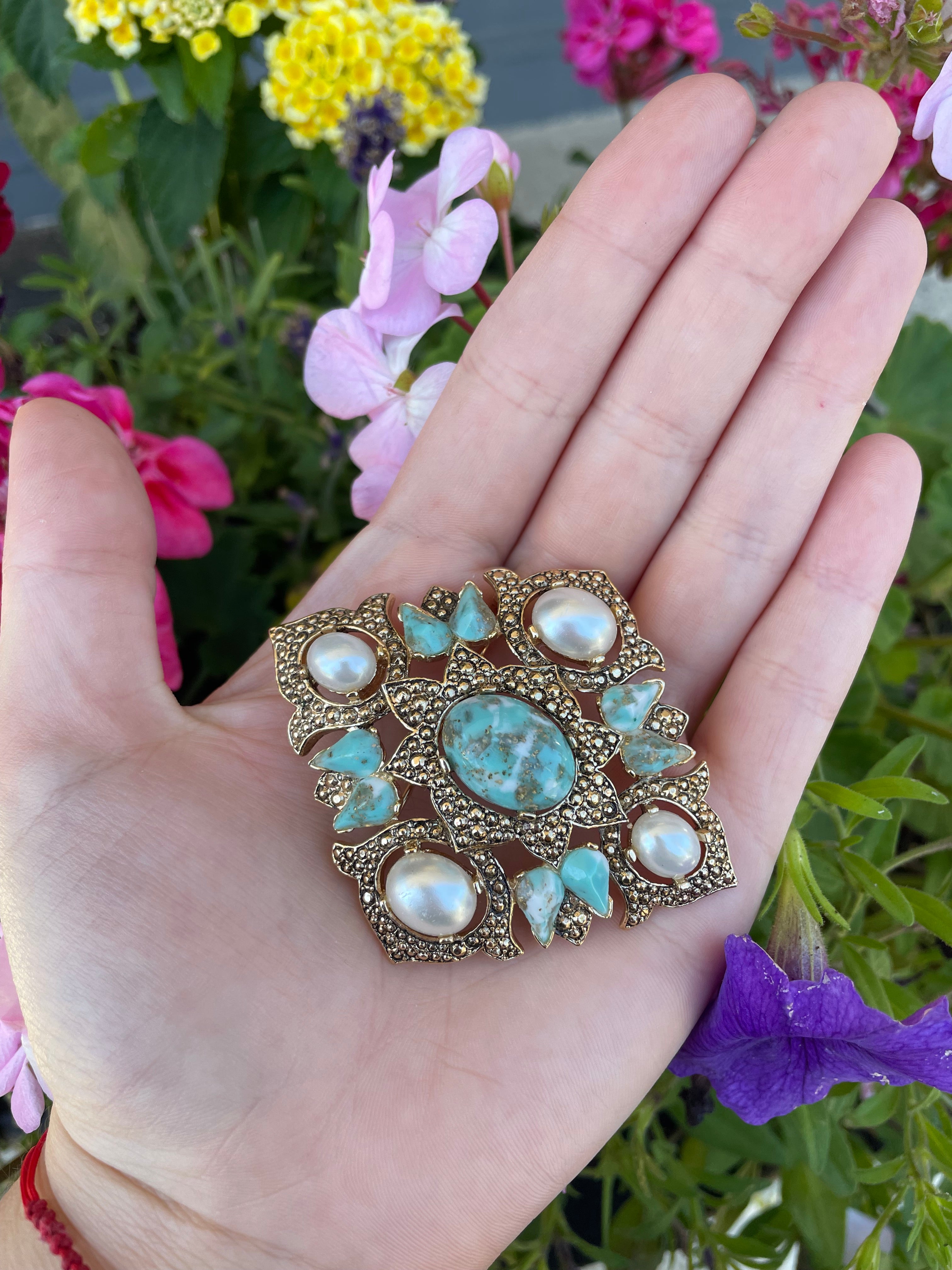 Gold,Pearl, and Faux Turquoise Pin / Brooch
