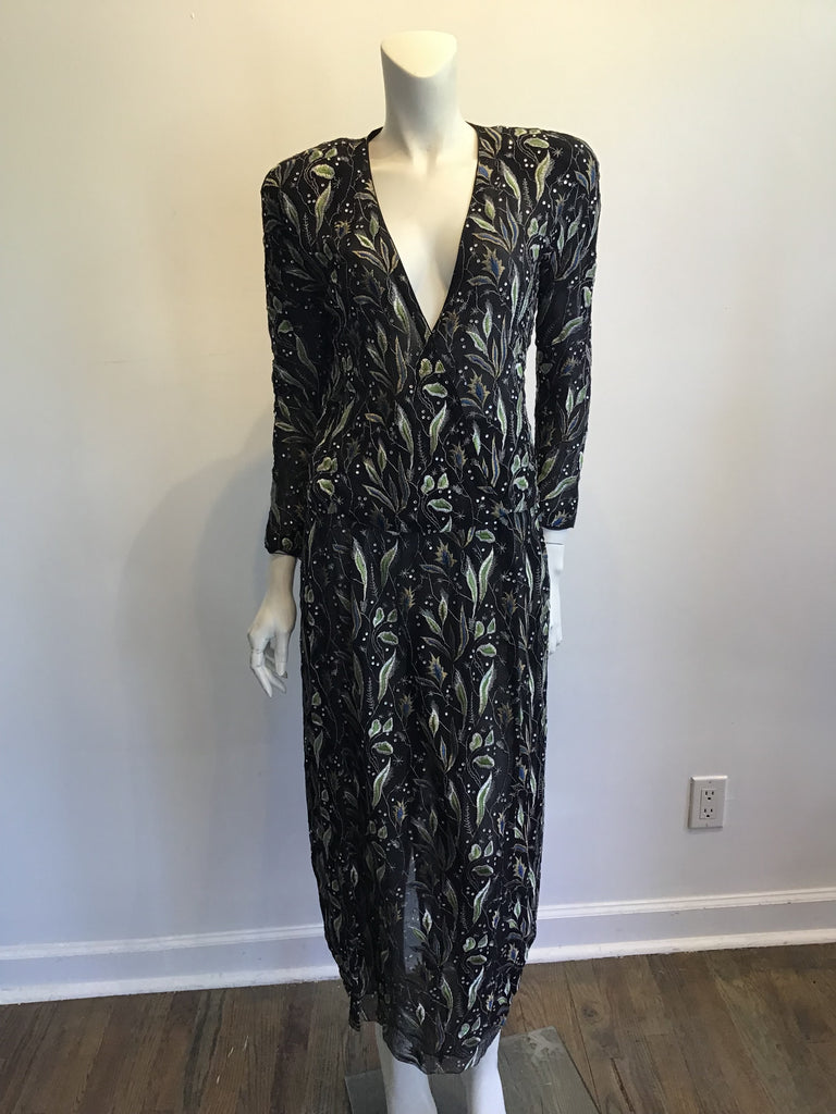1980s 2 Piece Giorgio Armani Black,Gold and Greenembroidered  Chiffon Evening Ensemble Size 8
