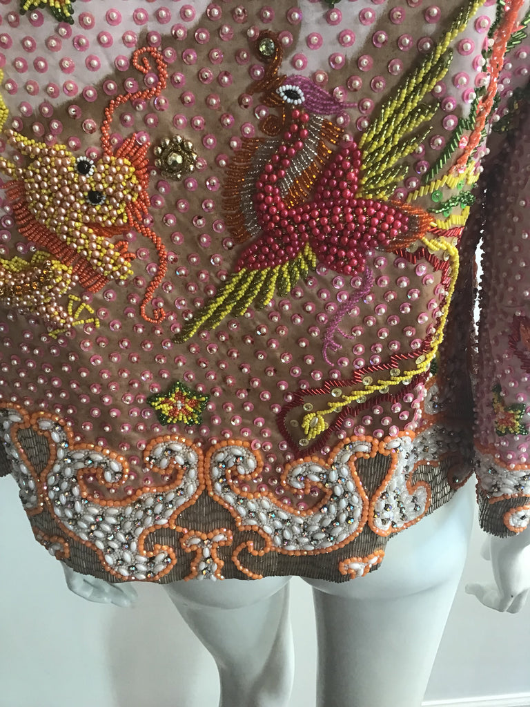 1960s Rare Chinese Pink Silk Handbeaded Jacket with Dragon and Phoenix -size 4/5