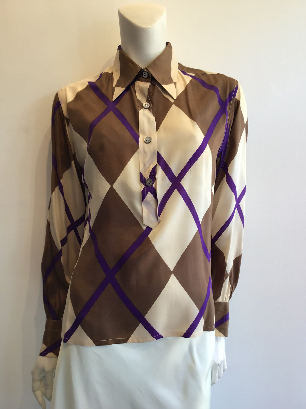 1980’s Valentino Silk Brown,Purple and White Blouse Size 8