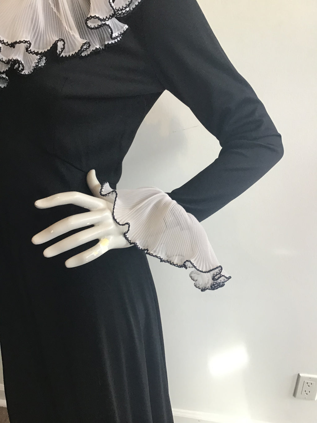 1970's Julie Miller Black Maxi Dress with White Ruffles