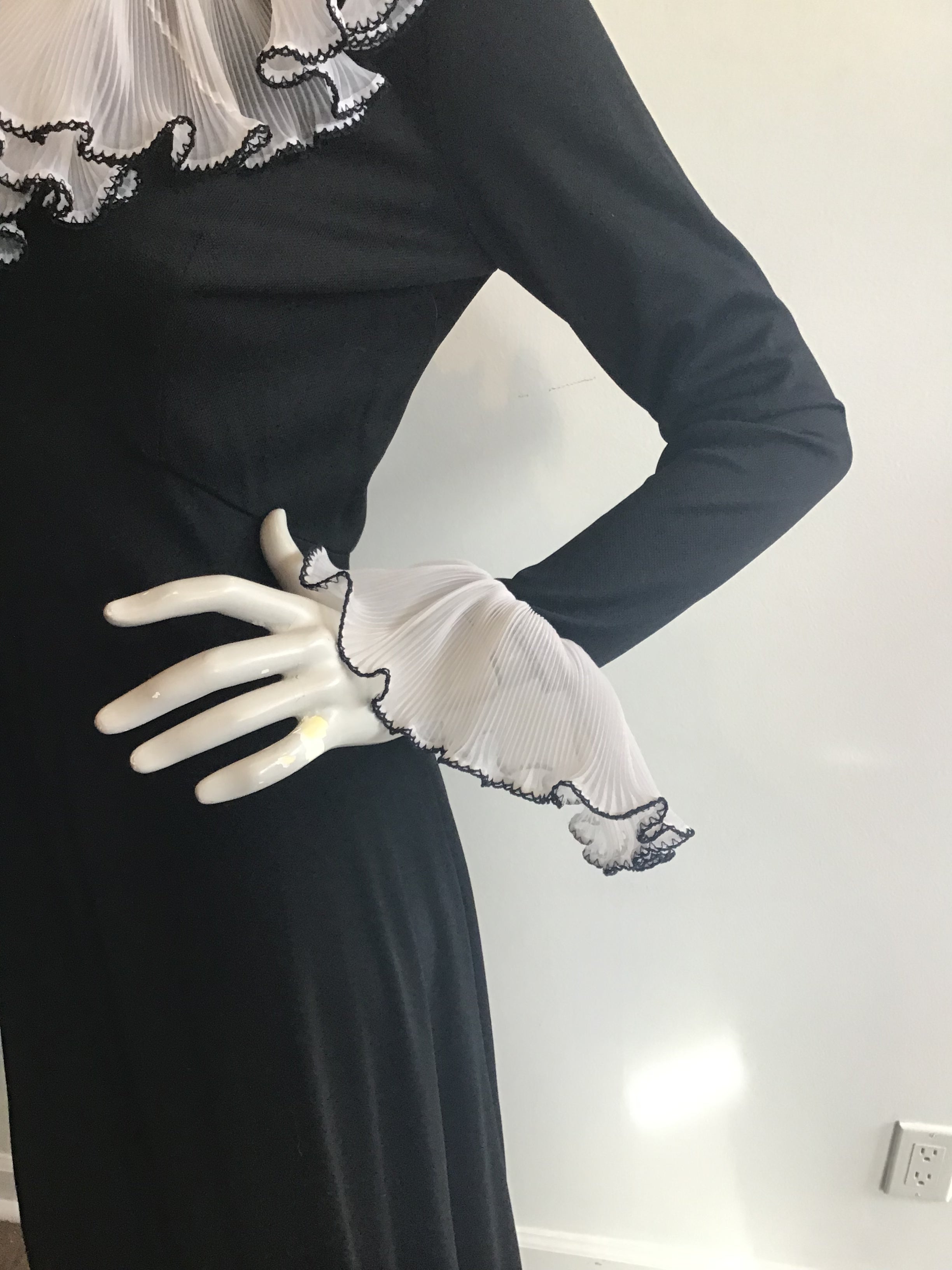 1970's Julie Miller Black Maxi Dress with White Ruffles