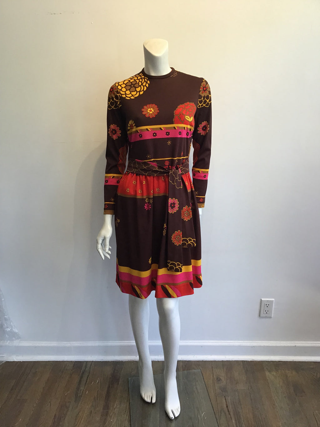 1970s Artemis Polyester Blend Brown Multicolor Dress Size 10