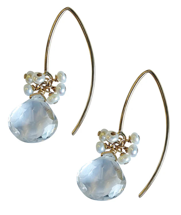 Gold hoop earrings with crystal quartz and a clustered mini pearls