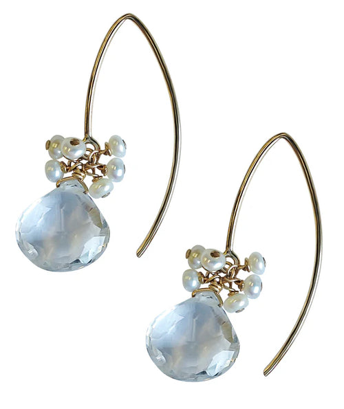 Gold hoop earrings with crystal quartz and a clustered mini pearls