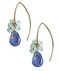 14k Gold Fill Curve Stick  Earwire with Iolite Briolette and Cluster of Aqua Blue Chalcedony
