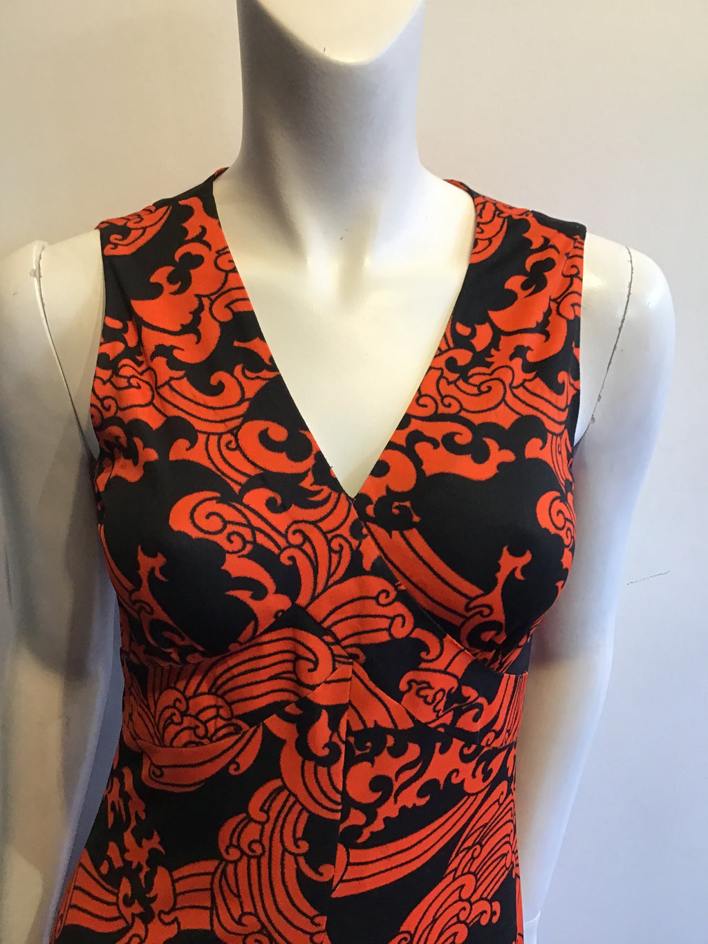1970’s Orange and Black Printed Polyester Maxi Dress Size 6