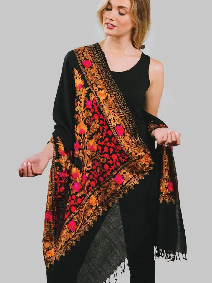 Multicolored Embroidered  Wool Shawl