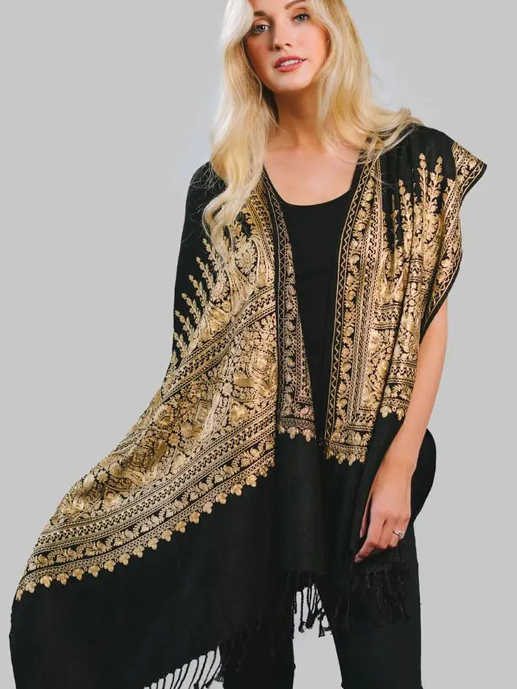 Black Viscose Shawl with Gold Embroidery