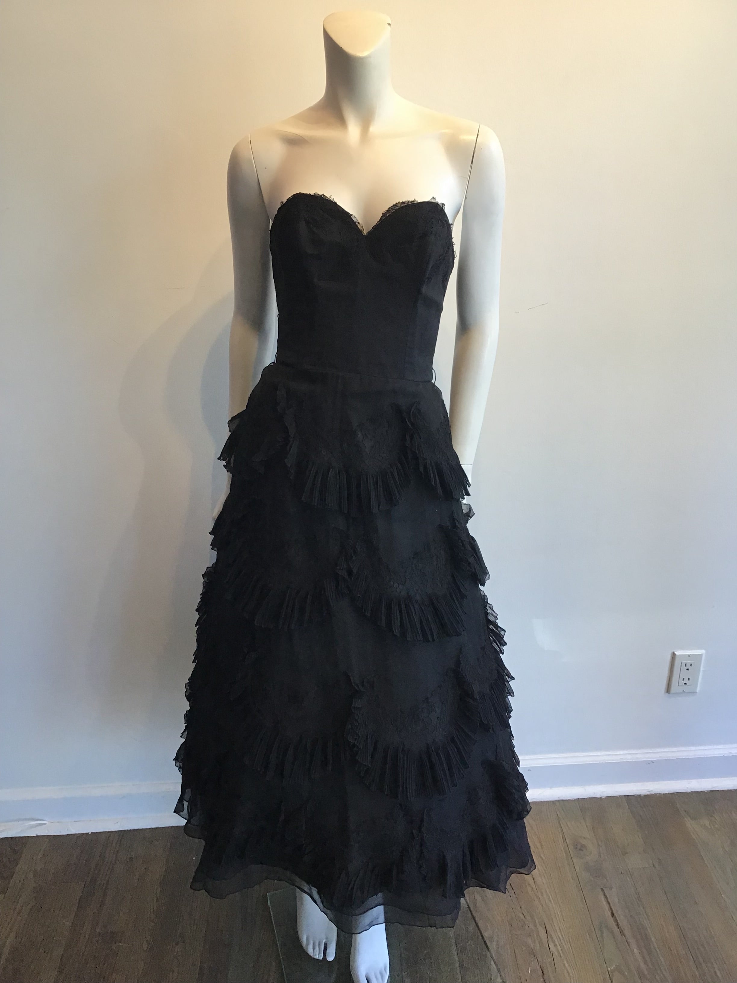 1950s Harvey Brenin Black Organza and Lace Cocktail Dress Size 6