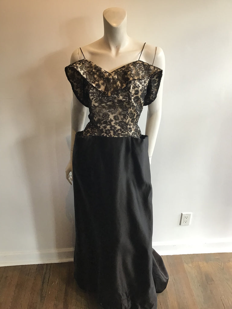 1950s Lace TopBlack  Silk/ Evening Dress with Train 10/12