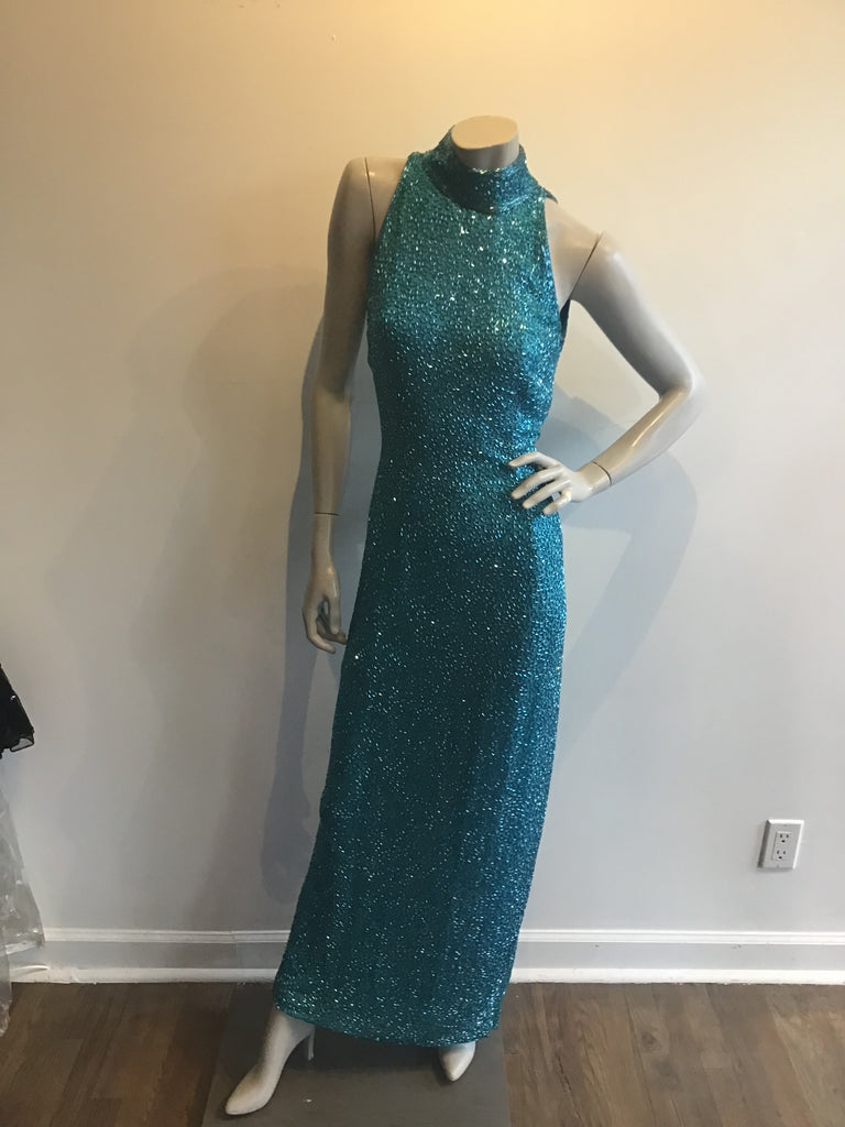 1980s Black Tie by Oleg Cassini Silk Turquoise Entirely Beaded Dress size 10