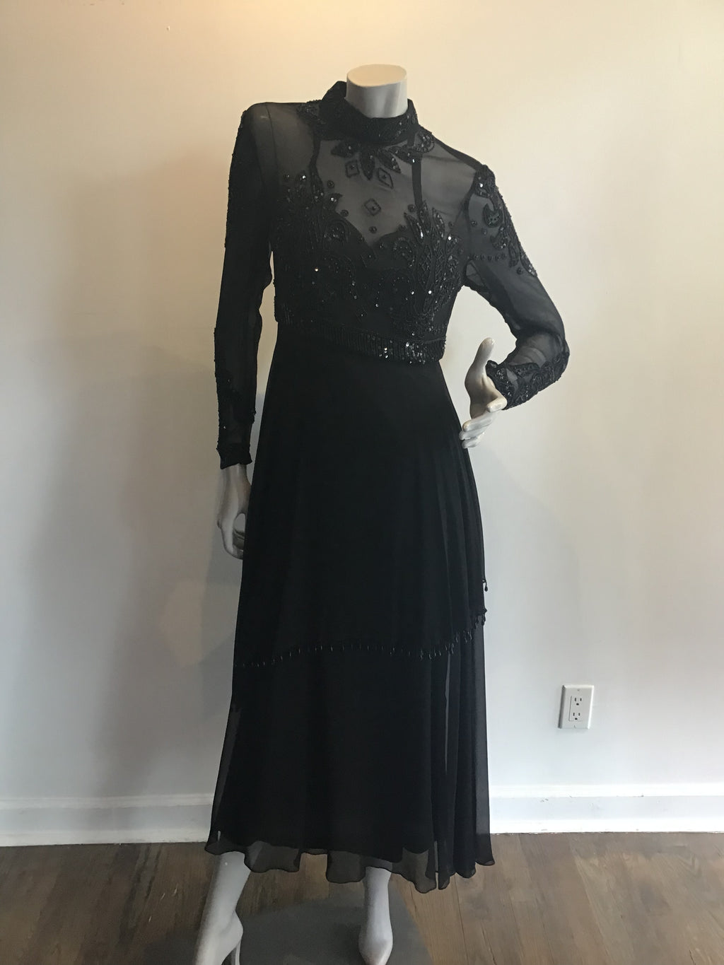 1970's Black Beaded and Sequninned Chiffon Tiered Evening Dress