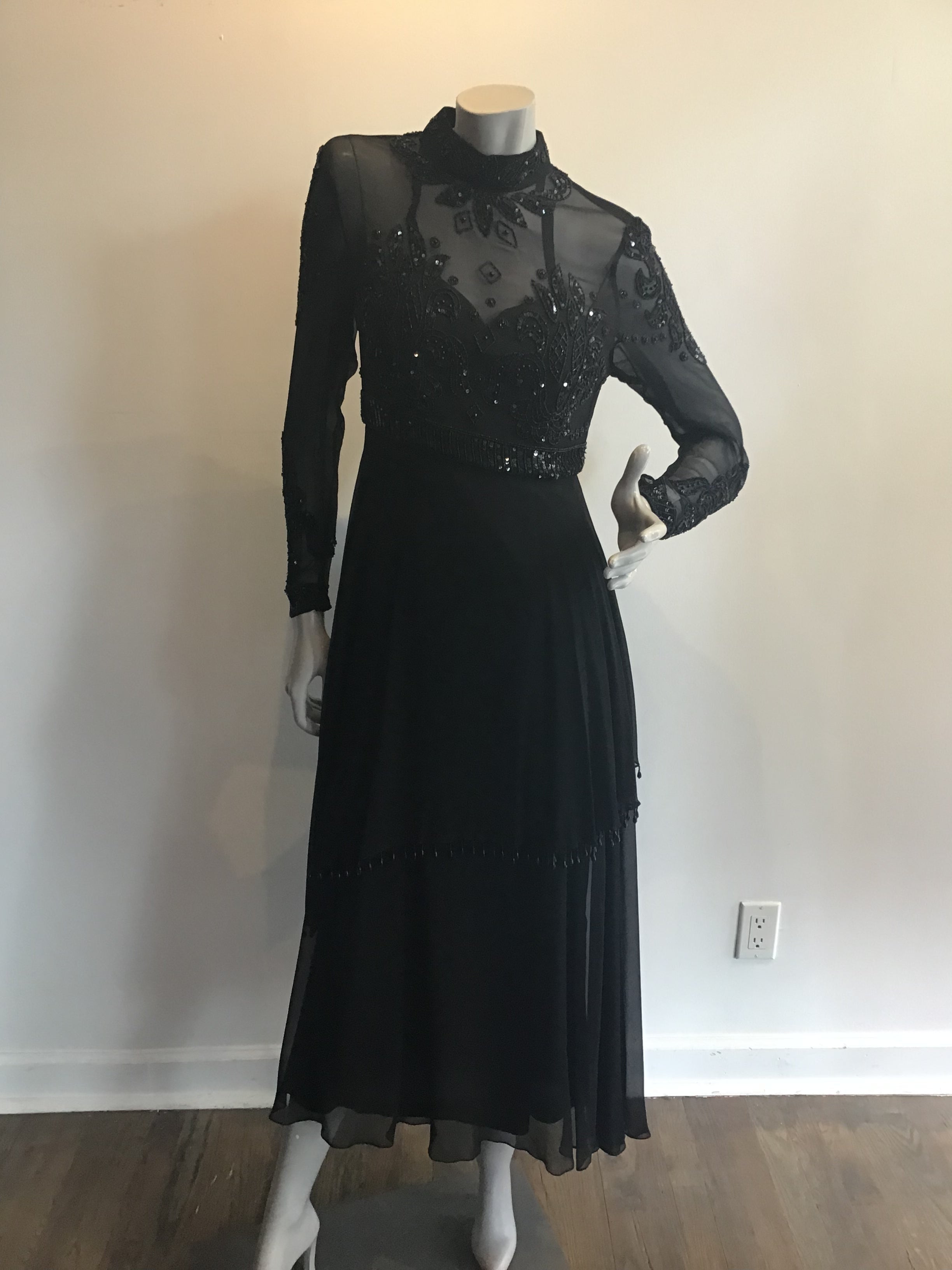 1970's Black Beaded and Sequninned Chiffon Tiered Evening Dress