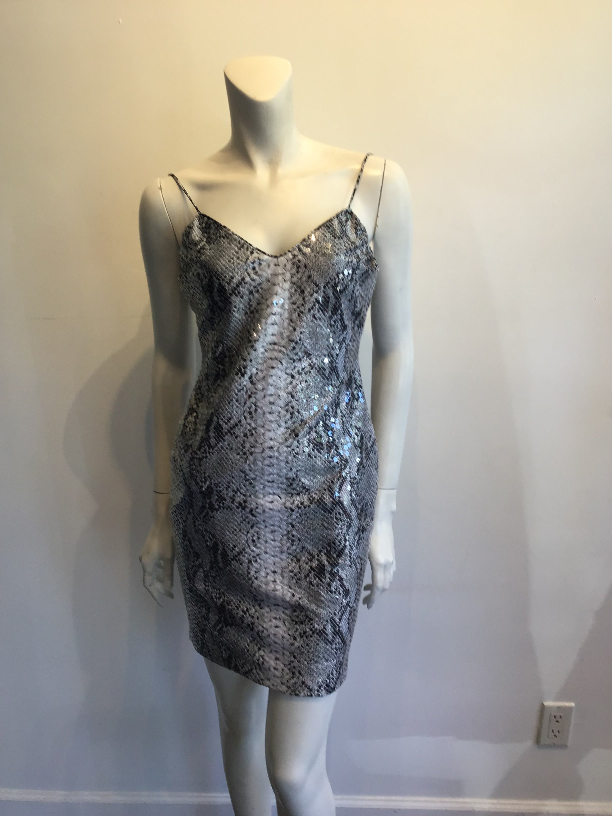 Late 1980s Eva Chun Sequined Python Print Dress Size 8