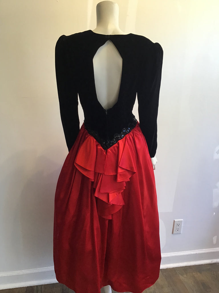 1980’s Silk Velvet Red and Black Evening Dress Size 8