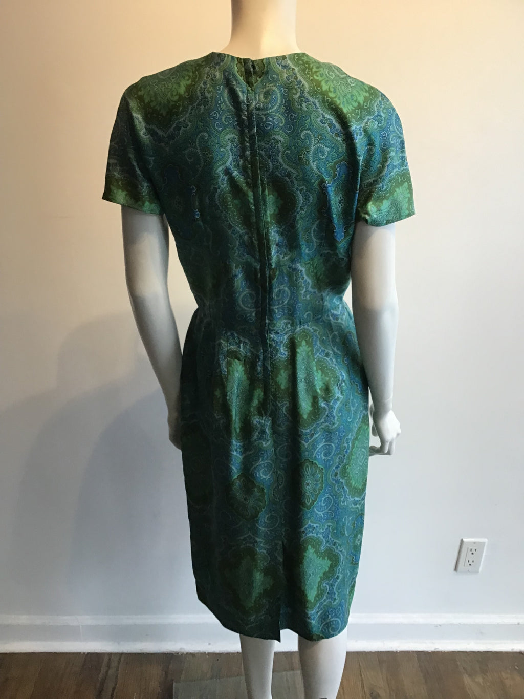 1950s Blue and Green Silk Day Dress Size 8