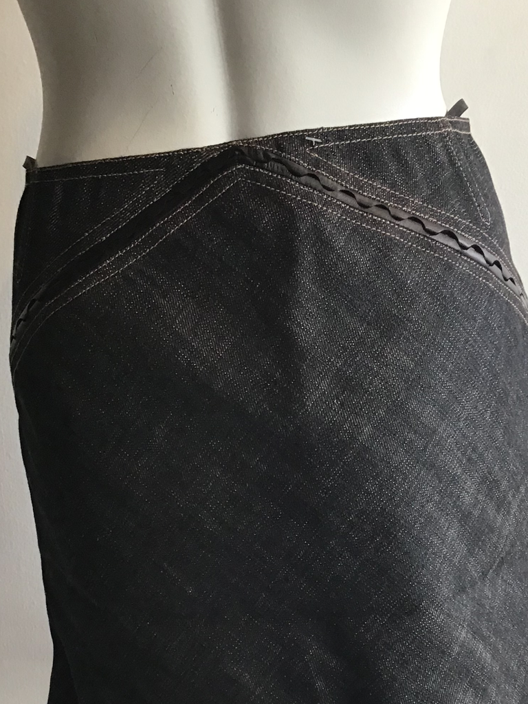 2000s Alaïa Cotton with Leather trim Light Black Denim Skirt Size M, Euro 38, American 7