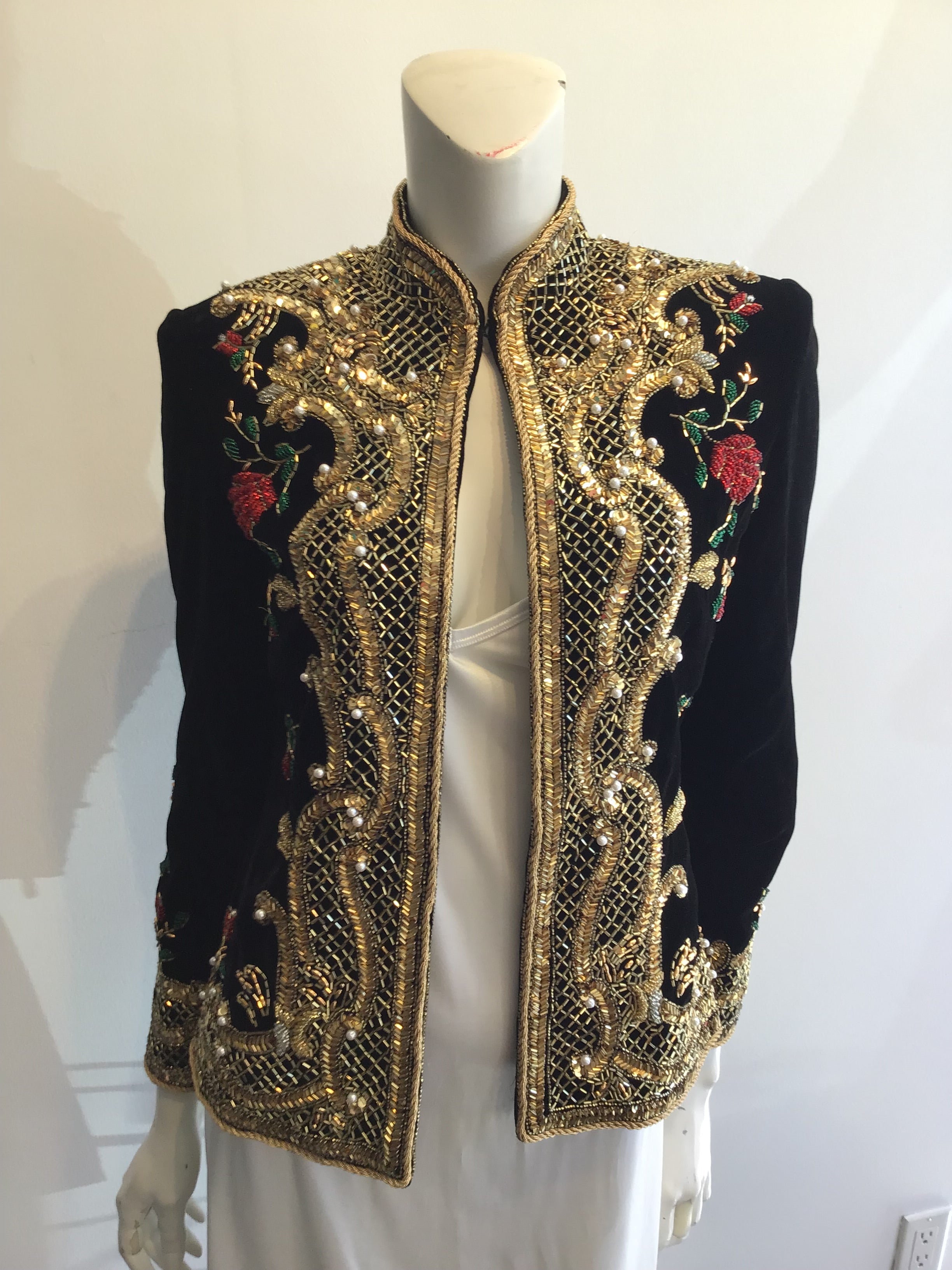 1980s  S. Aton Black Beaded Rayon Velvet  Evening Jacket Size 6