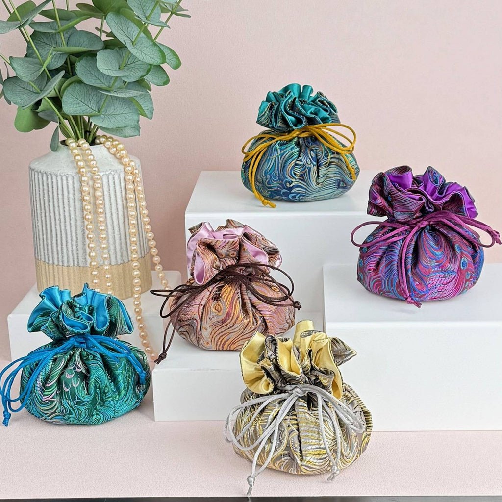 Peacock Feather Prints Brocade Jewelry Pouch